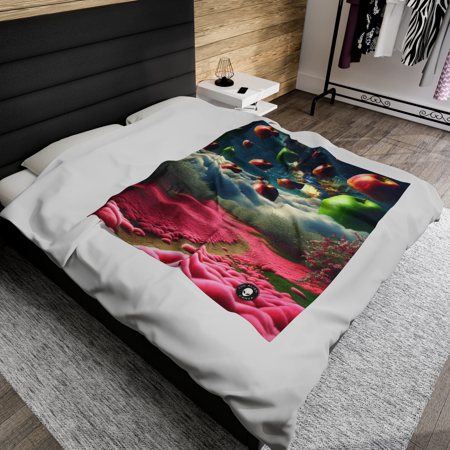 "Apple Sky and Pink Flower Carpet: A Surreal Landscape" - The Alien Velveteen Plush Blanket