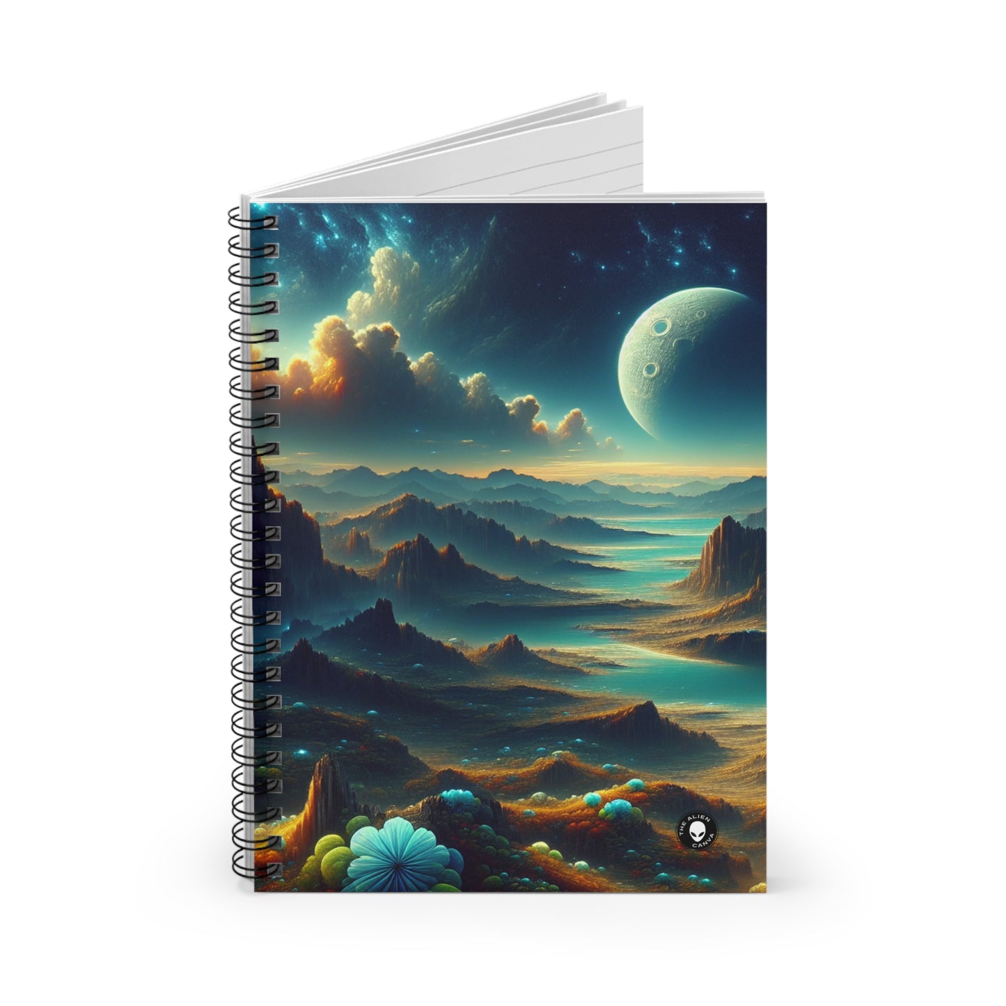 "Un Sueño Extraño: Un Mundo Desconocido en Detalle" - The Alien Spiral Notebook (Ruled Line) planetas no descubiertos en estilo hyperrealista