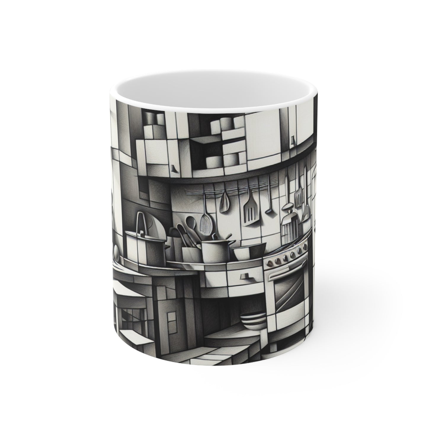 "Collage de cocina cubista" - Taza de cerámica The Alien estilo cubismo de 11 oz