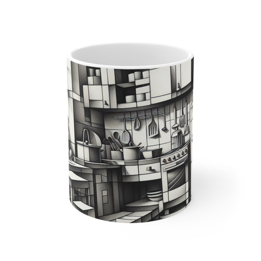 "Cubist Kitchen Collage" - The Alien Ceramic Mug 11oz Cubism Style