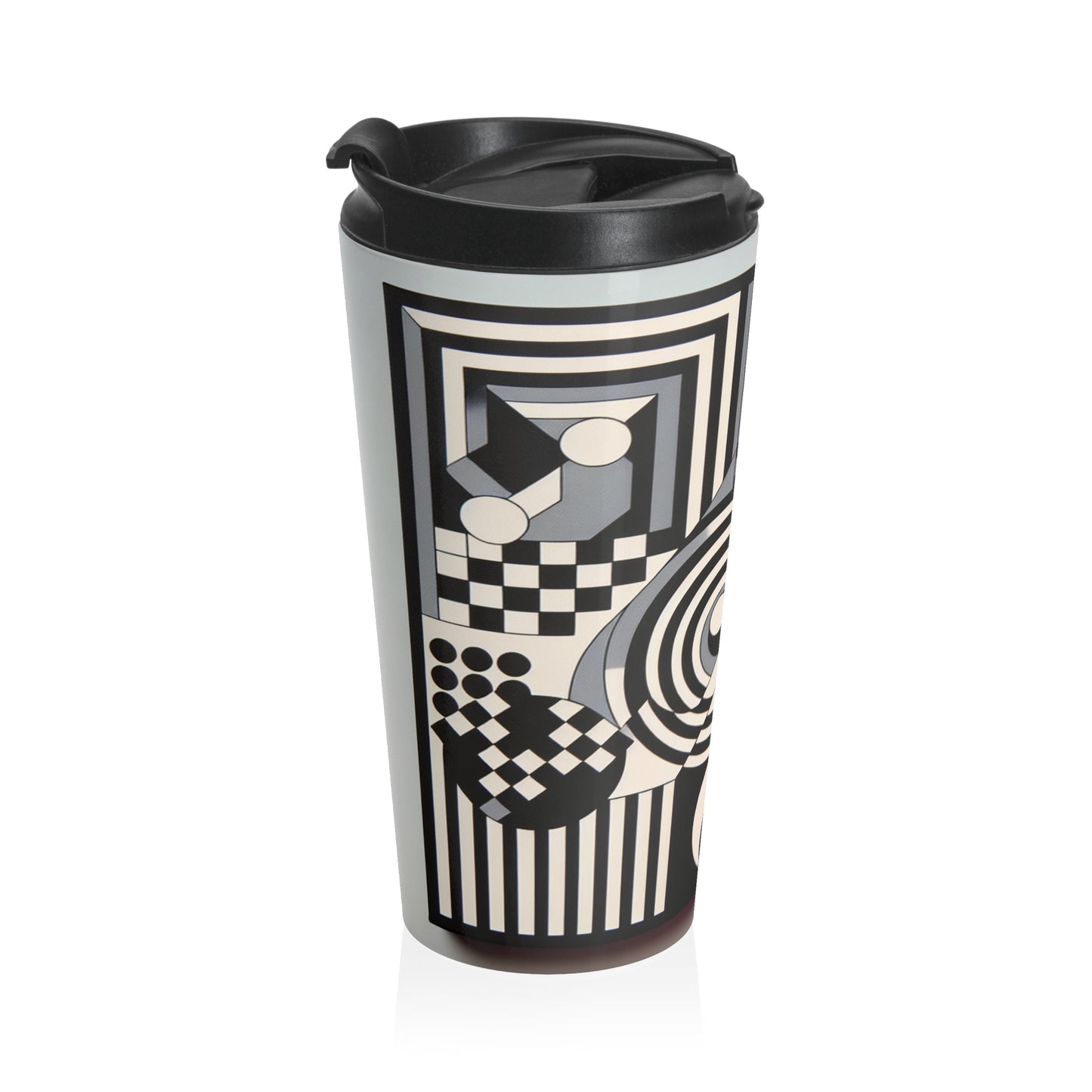 "Mesmerize: Geometría Op Art audaz en blanco y negro" - La taza de viaje de acero inoxidable Alien Op Art