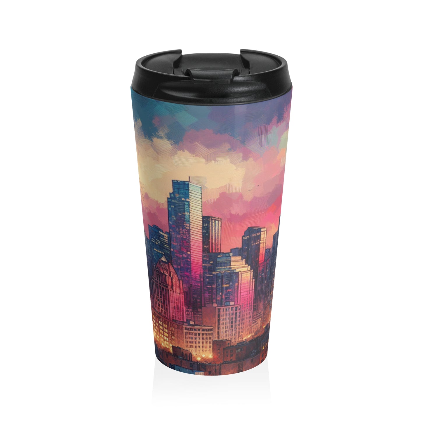 "Reflejos oscuros: horizonte de la ciudad al atardecer" - Taza de viaje de acero inoxidable The Alien