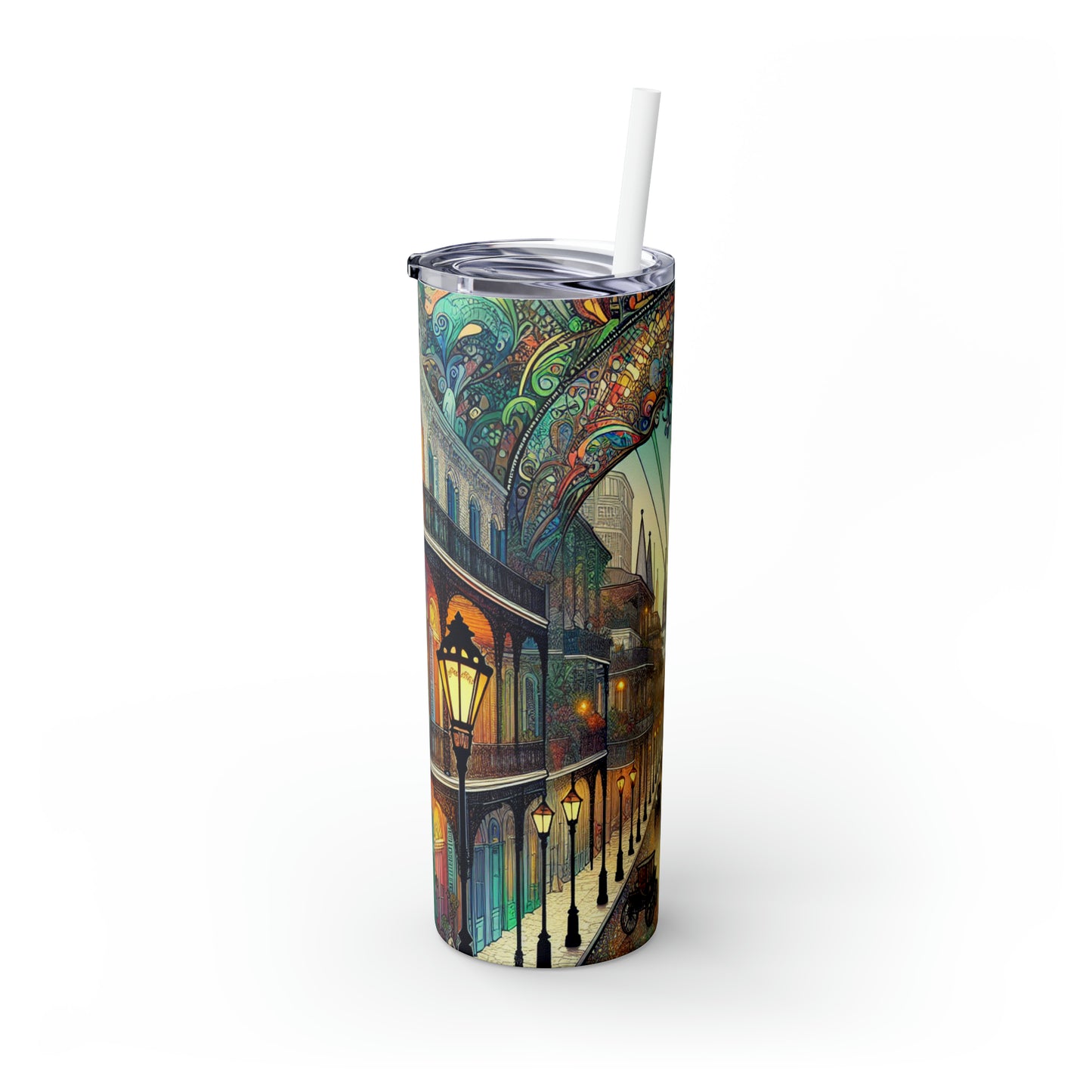 "Vivid Splendor: A Picture of New Orleans's French Quarter" - Vaso delgado con pajita de Alien Maars® de 20 oz estilo Art Nouveau