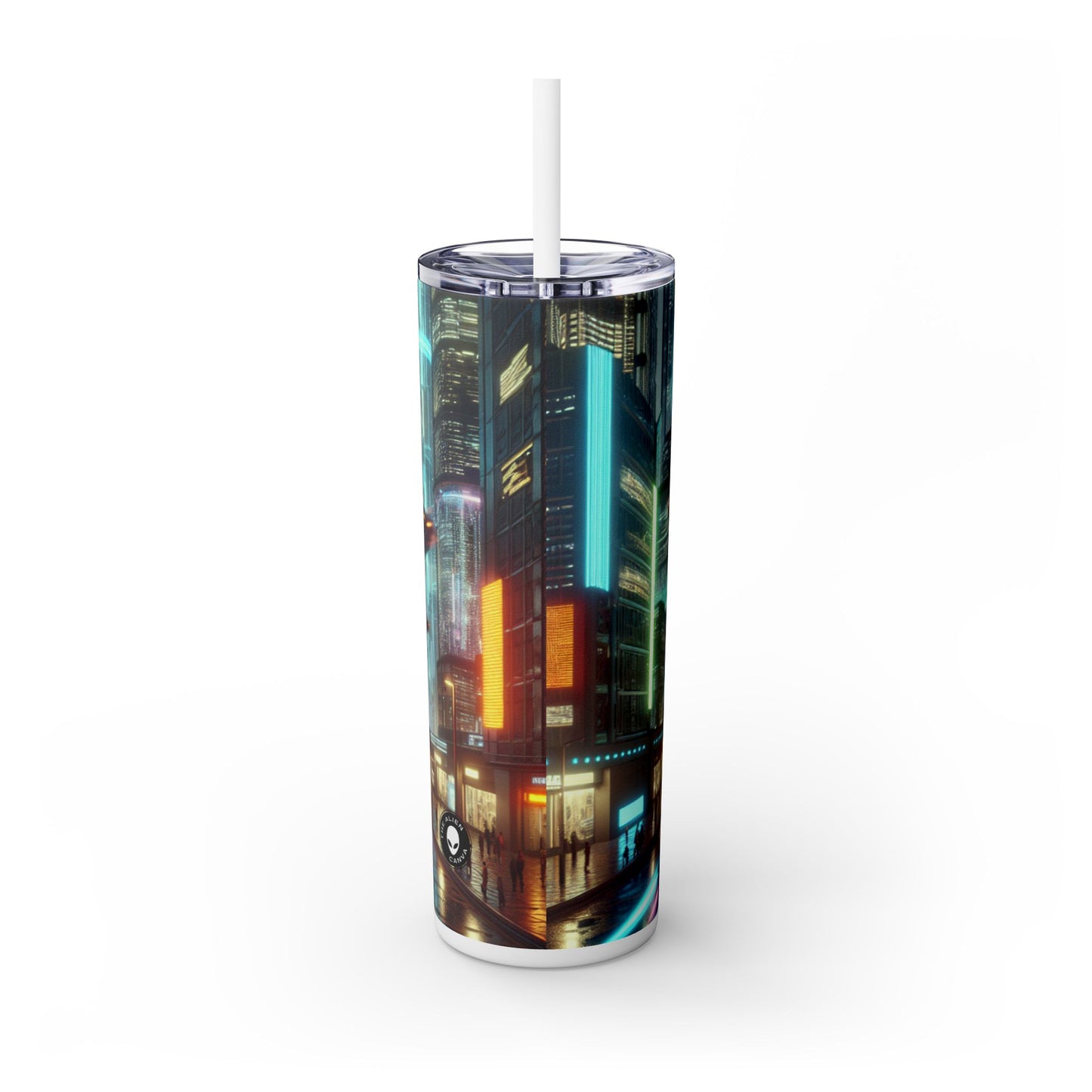 Pluie de néon : un paysage urbain futuriste - Le verre fin Alien Maars® avec paille 20 oz