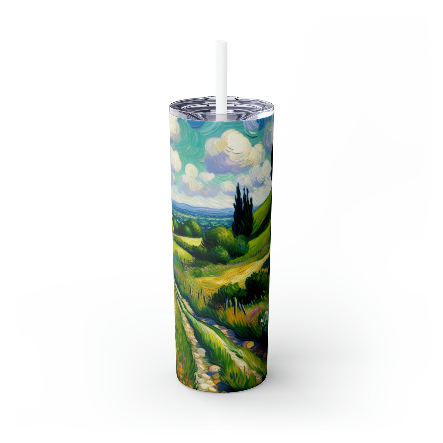 "Mystical Morning: A Post-Impressionist Journey into a Vibrant Dawn" - The Alien Maars® Skinny Tumbler with Straw 20oz Post-Impressionism