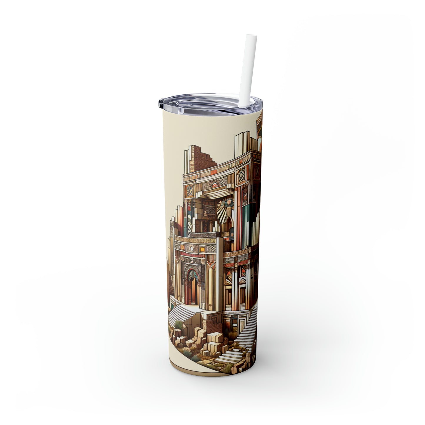"Deco Ruins: Geometric Art in an Ancient Setting" - The Alien Maars® Skinny Tumbler with Straw 20oz Art Deco Style