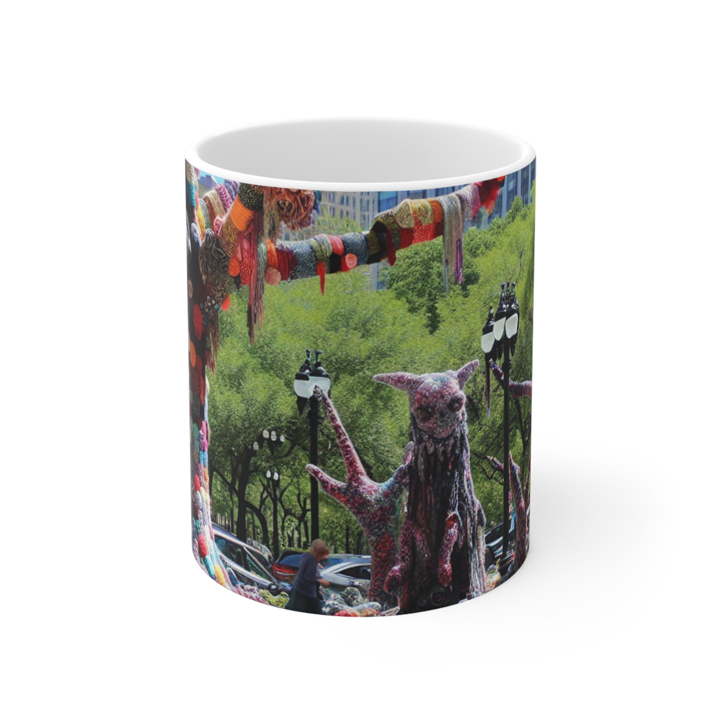 Titre : « Yarnscaped City : A Whimsical Fiber Art Fusion » – The Alien Ceramic Mug 11oz Yarn Bombing (Fiber Art)