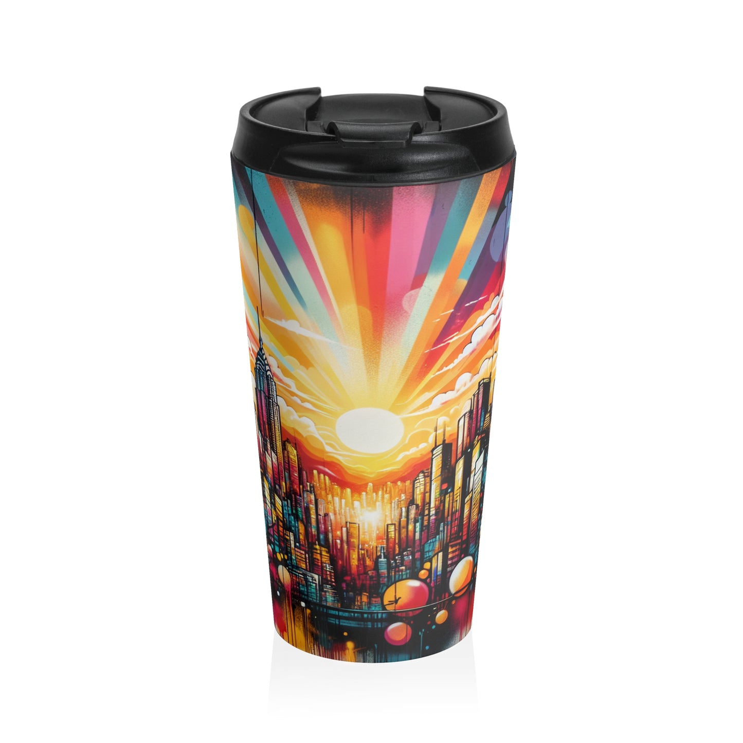 "Cityscape Sunrise" - The Alien Stainless Steel Travel Mug Street Art / Graffiti Style