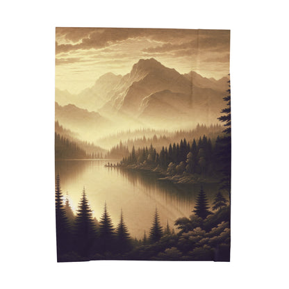 "L'aube au lac : un matin brumeux dans les montagnes" - La couverture en peluche Alien en velours de style tonalisme