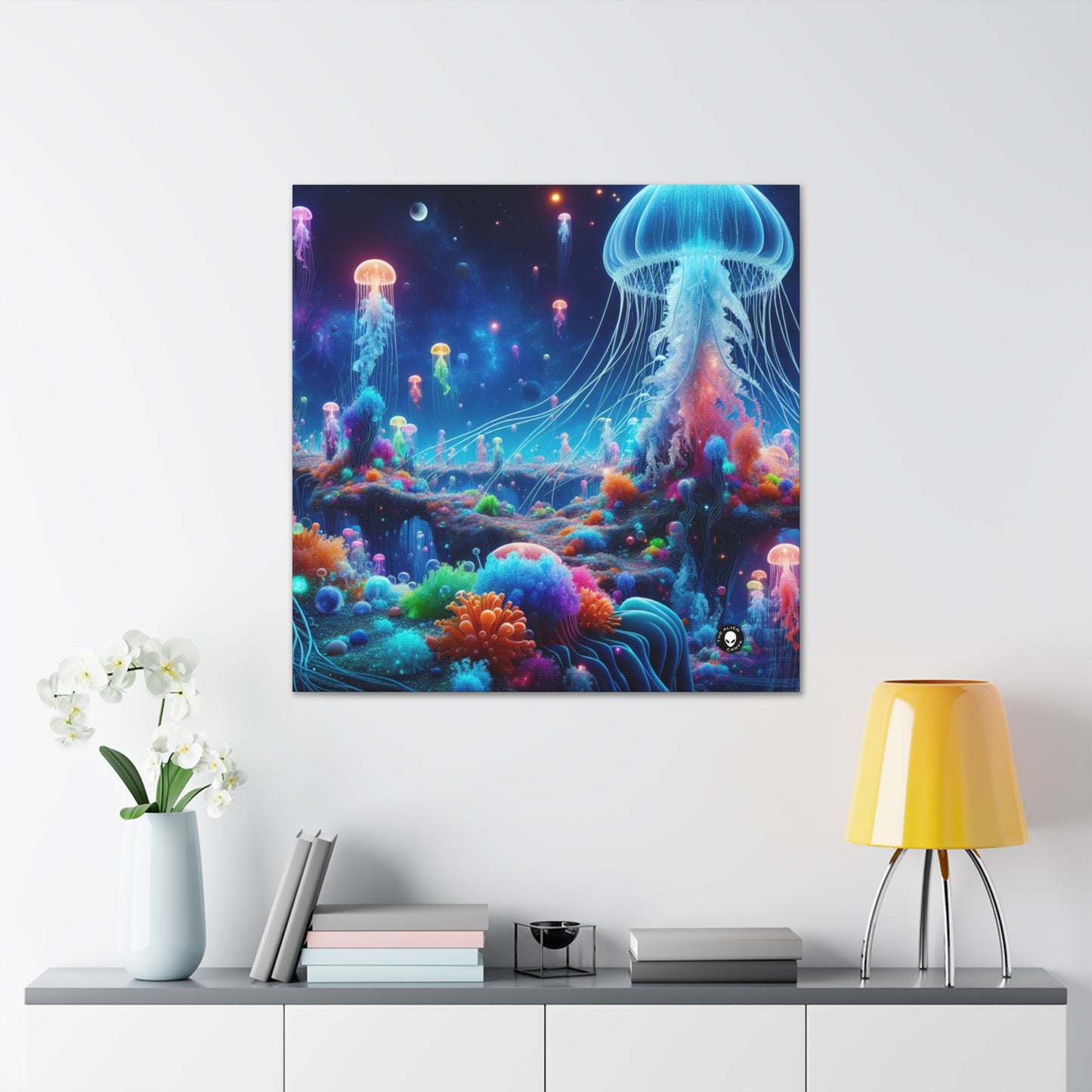 "Fantasía de medusas de neón: una odisea submarina surrealista" - The Alien Canva