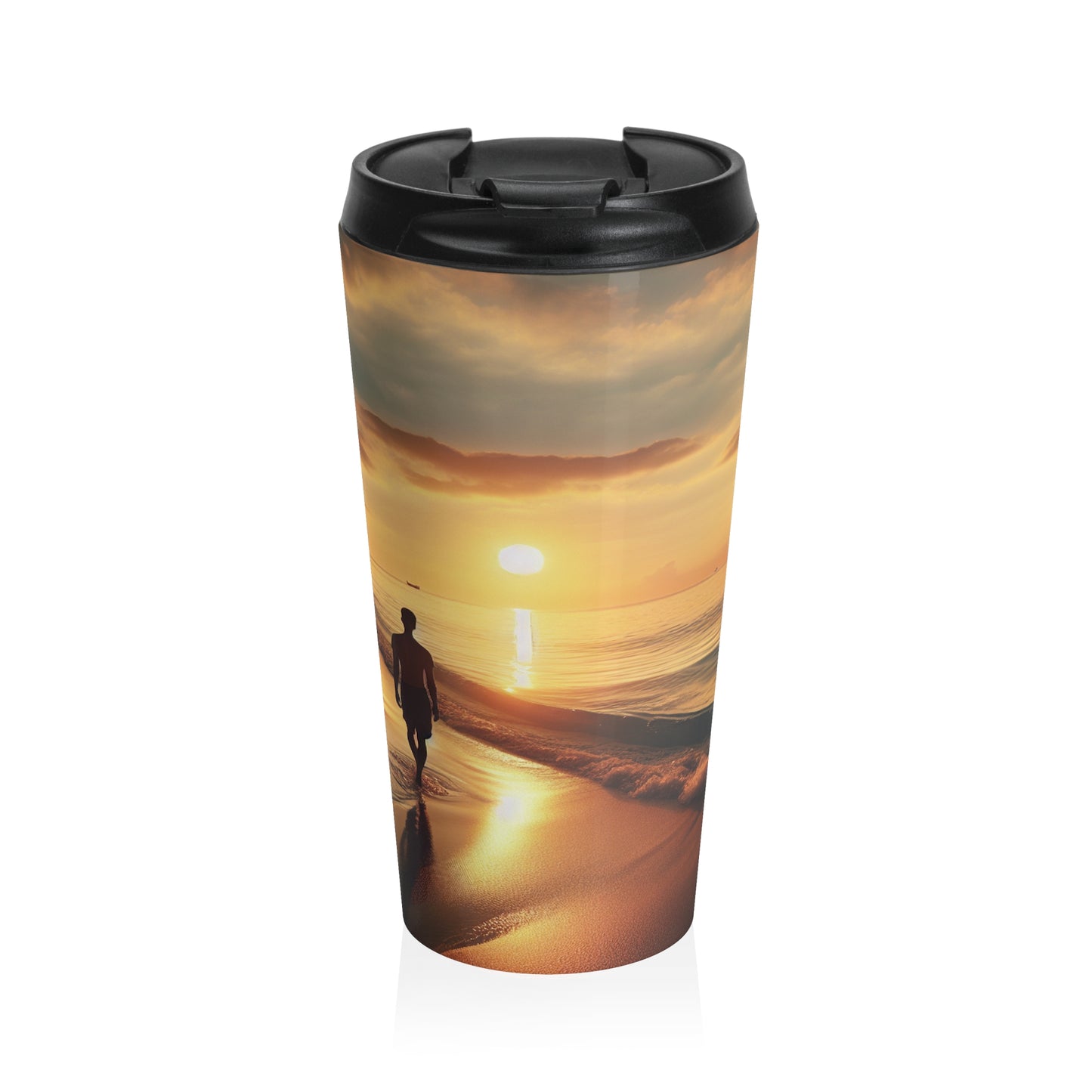 "Une promenade le long de la plage au coucher du soleil" - La tasse de voyage en acier inoxydable Alien style photoréaliste