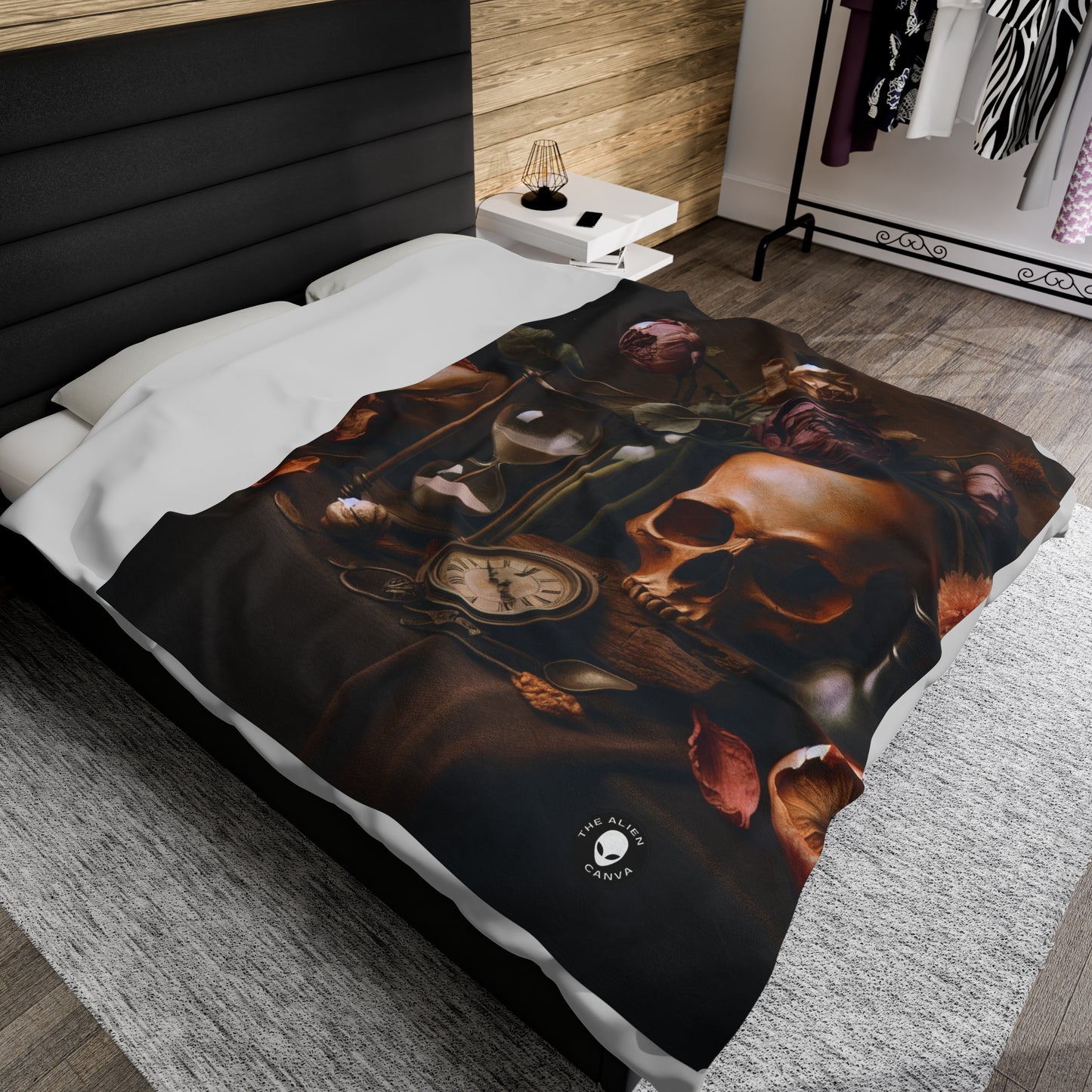 "Belleza fugaz: una vibrante pintura de Vanitas que representa el paso del tiempo y la naturaleza transitoria de la vida" - The Alien Velveteen Plush Blanket Vanitas Painting