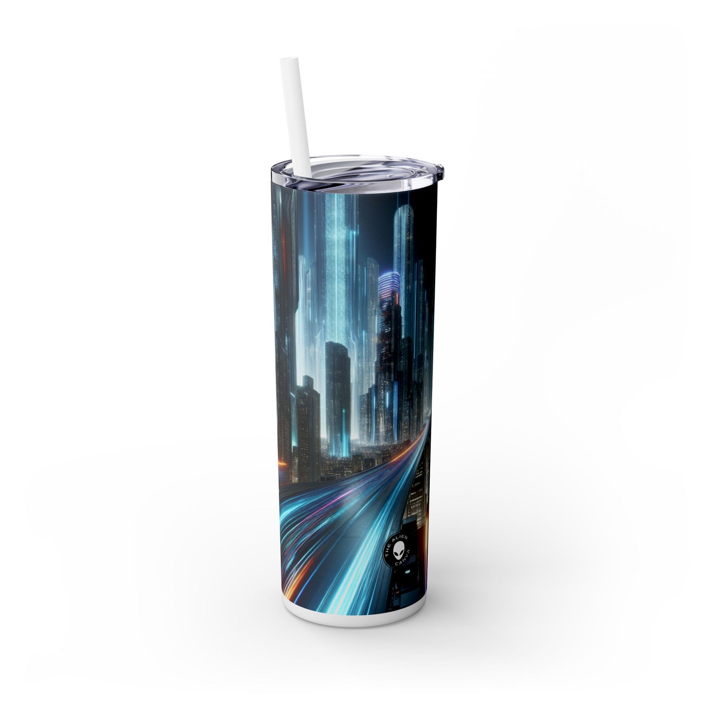 « Paysages nocturnes au néon : une aventure urbaine futuriste » - Le verre fin Alien Maars® avec paille 20 oz