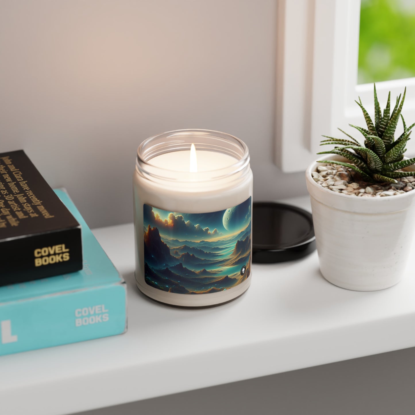 "Un Sueño Extraño: Un Mundo Desconocido en Detalle" - The Alien Scented Soy Candle 9oz planetas no descubiertos en estilo hiperrealista