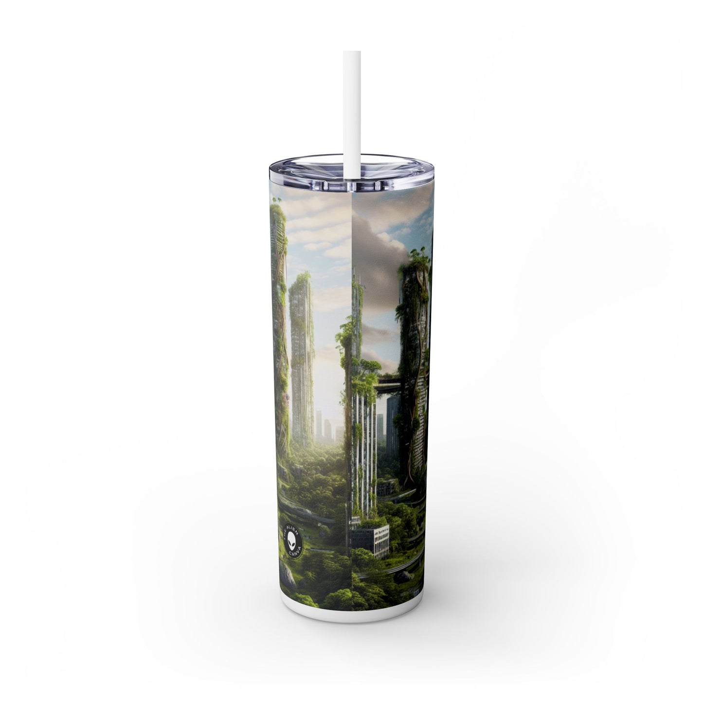 "Nature's Reclamation: A Futuristic Cityscape" - The Alien Maars® Skinny Tumbler with Straw 20oz