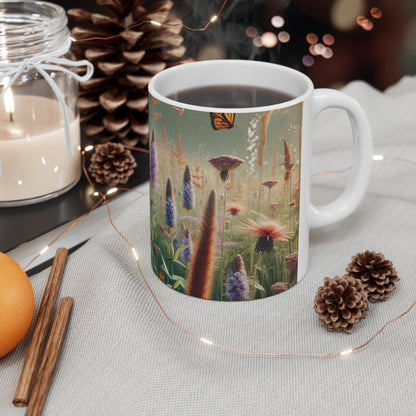 "Un monarca en el prado de flores silvestres" - La taza de cerámica alienígena estilo realismo de 11 oz