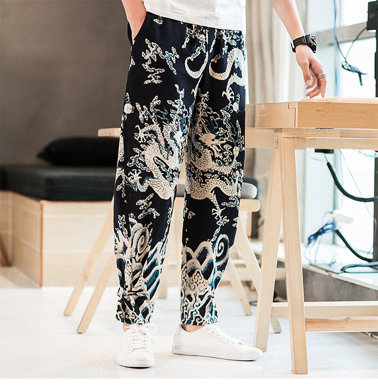 Wind Dragon Pattern Printed Plus Size Cotton And Linen Bloomers Men