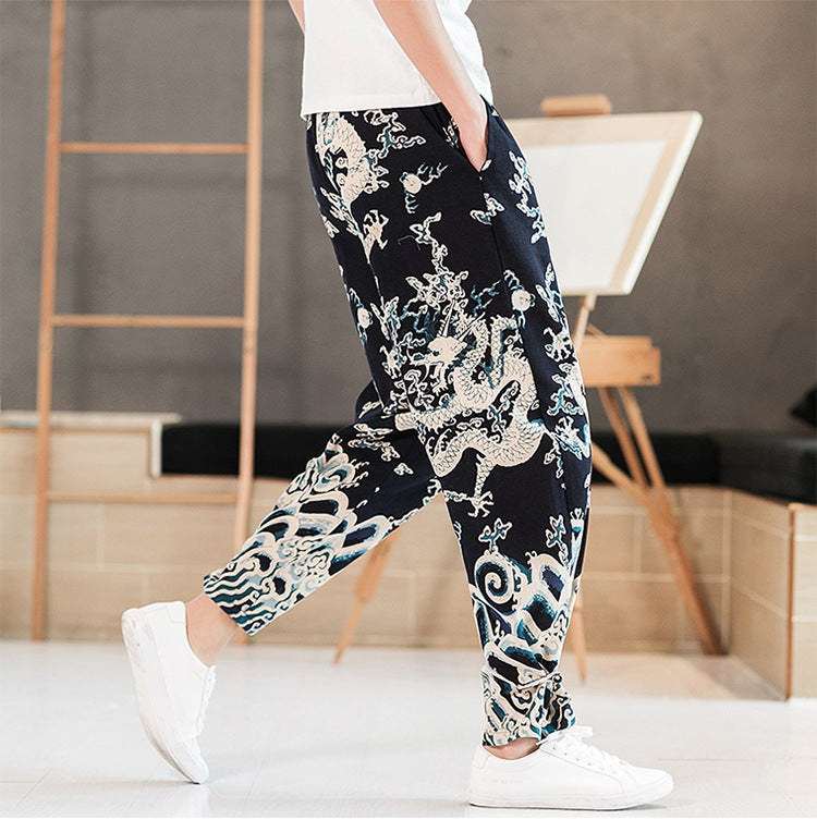 Wind Dragon Pattern Printed Plus Size Cotton And Linen Bloomers Men