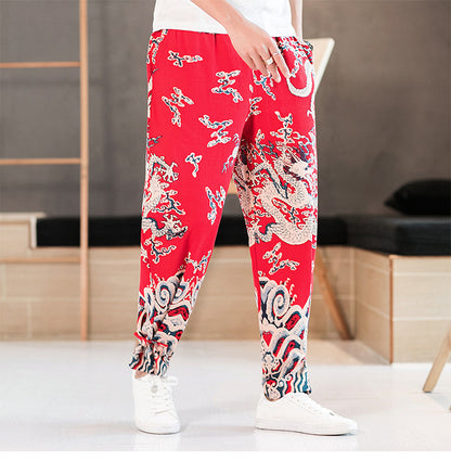 Wind Dragon Pattern Printed Plus Size Cotton And Linen Bloomers Men