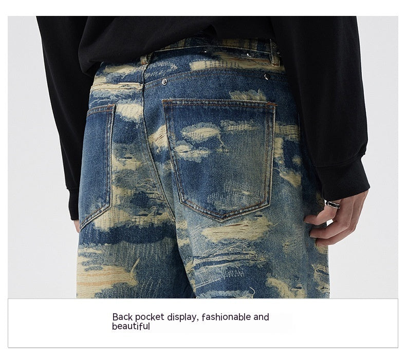 Washed Printed Straight Personality Street Fashionable Denim Trousers