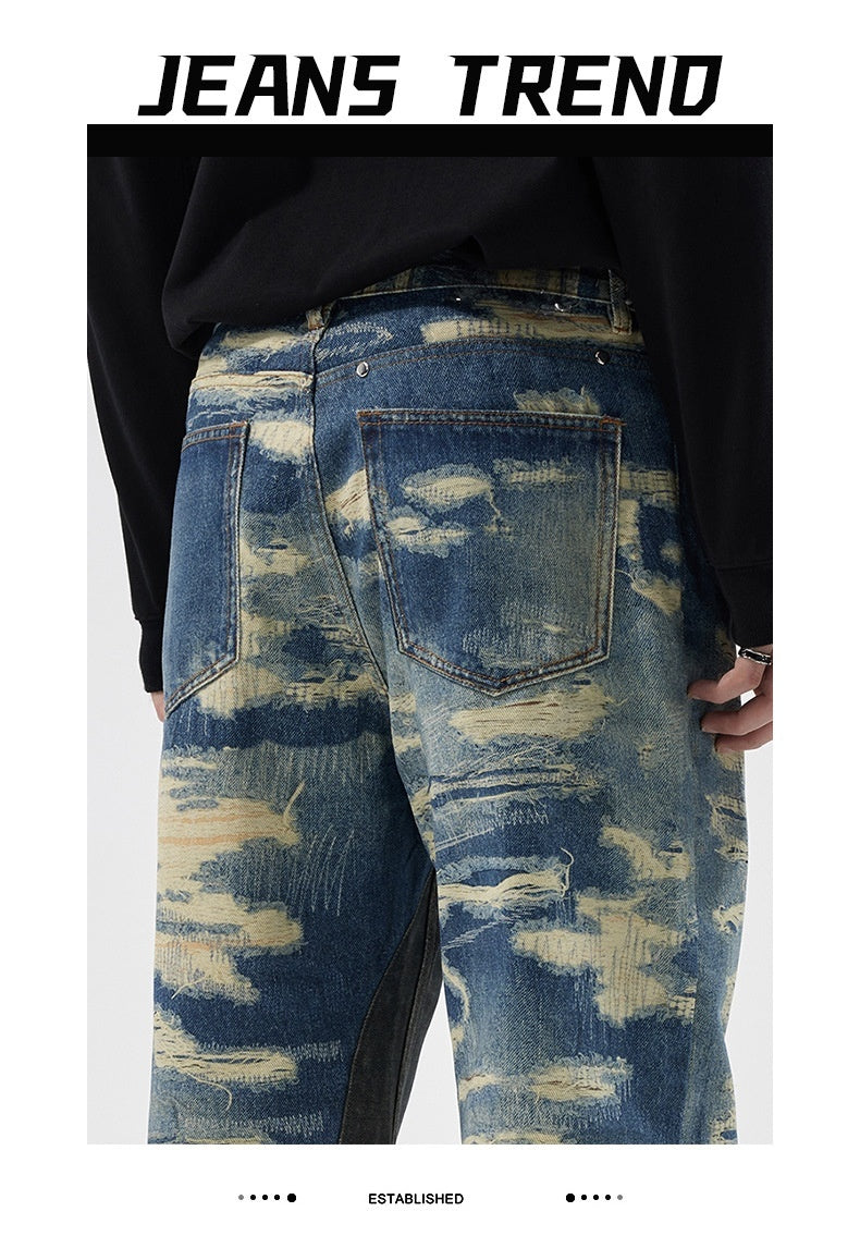 Washed Printed Straight Personality Street Fashionable Denim Trousers