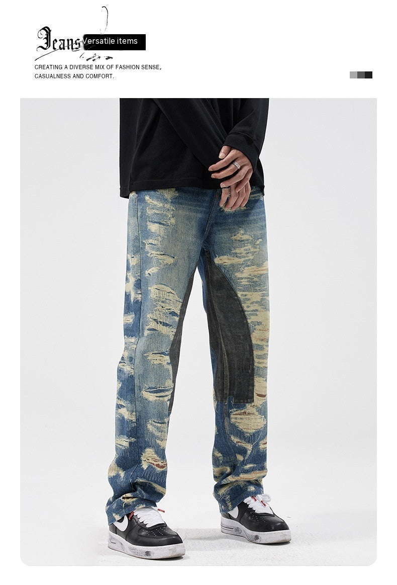 Washed Printed Straight Personality Street Fashionable Denim Trousers