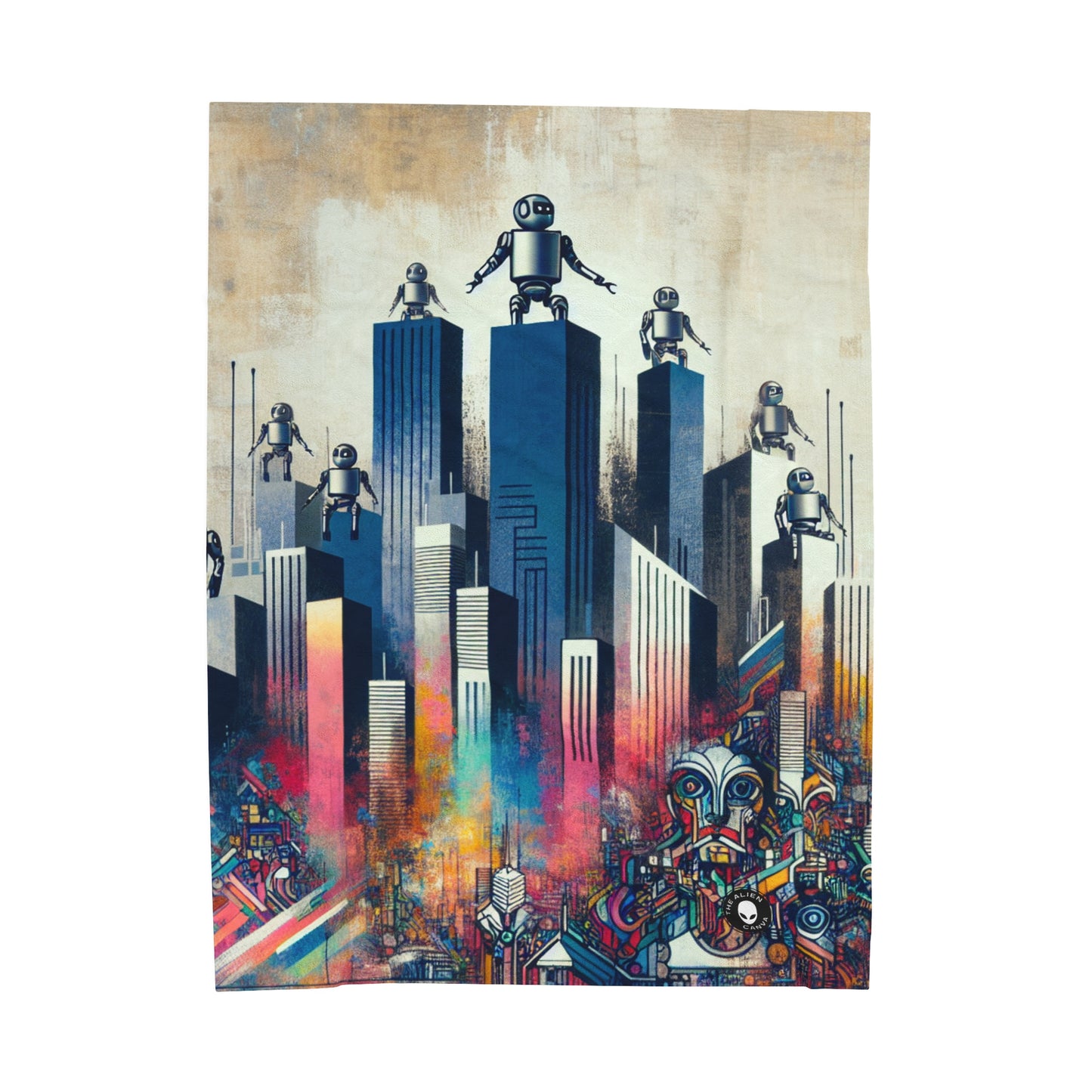 "Robotic Cityscape: A Futuristic Mural" - The Alien Velveteen Plush Blanket Street Art / Graffiti