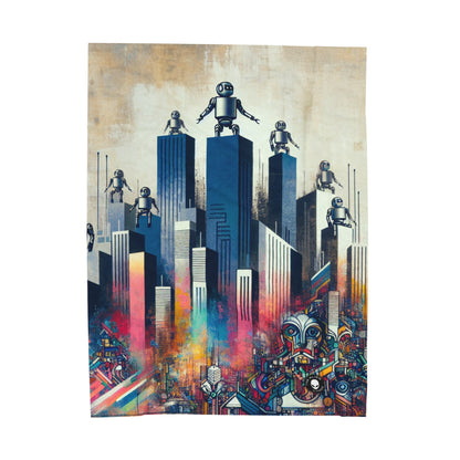 "Paysage urbain robotique : une fresque murale futuriste" - La couverture en peluche Alien Velveteen Street Art / Graffiti