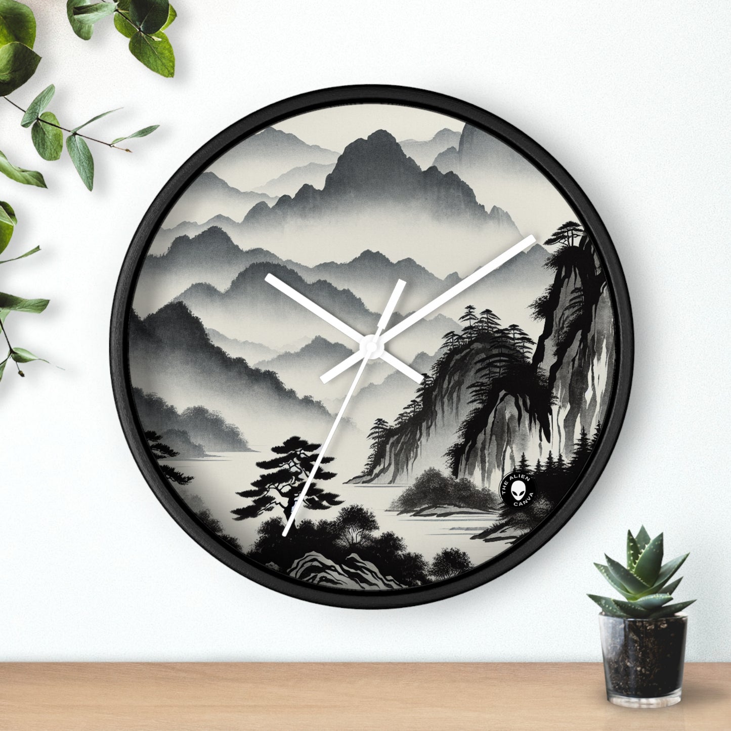 "Tinta armoniosa: capturando la tranquilidad de un jardín zen" - La pintura con lavado de tinta del reloj de pared alienígena