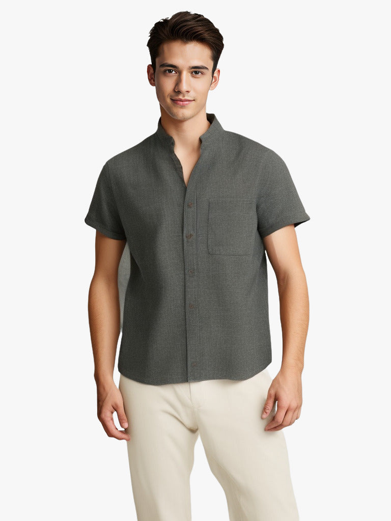 Camisa de solapa de manga corta de color sólido, transpirable, de algodón y lino, para verano, ropa para hombre