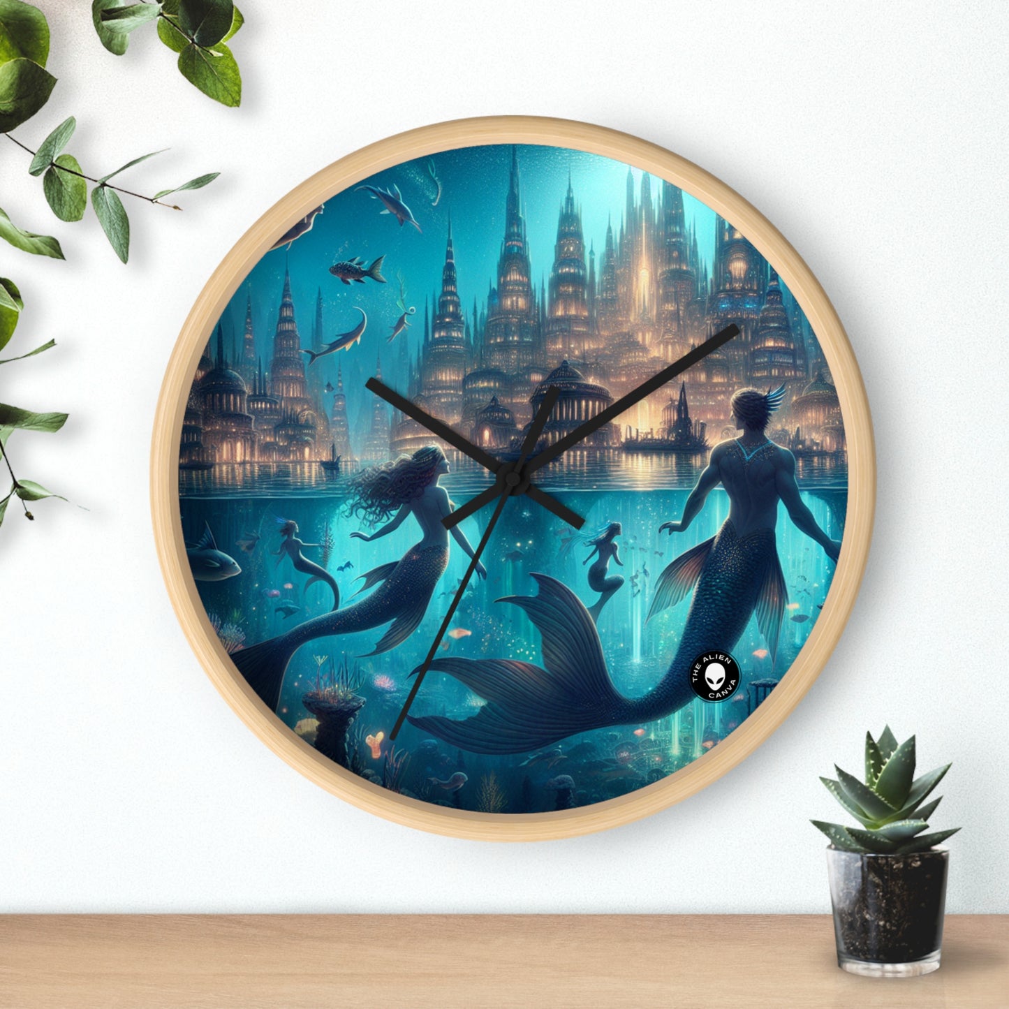 "Atlántida iluminada: una ciudad de criaturas marinas místicas" - El reloj de pared alienígena