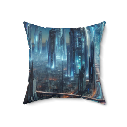 « Neon Skyline : Future Cityscapes » - L'oreiller carré en polyester filé Alien