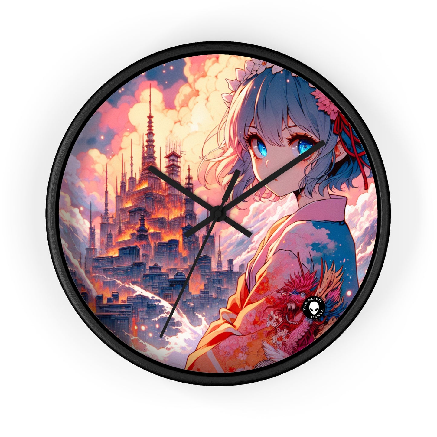 Título: "Swords ablaze: The Elemental Duel" - The Alien Wall Clock Manga/Anime Art