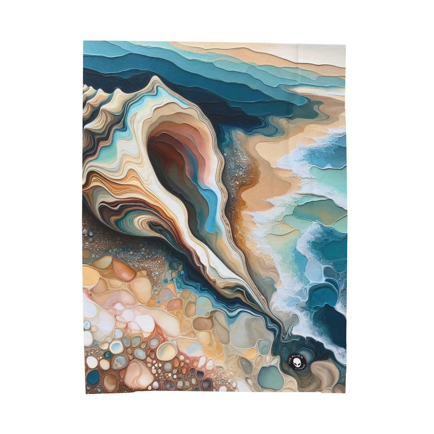 « Une vue sur la plage à travers un coquillage » - La couverture en peluche Alien Velveteen Acrylique Pouring