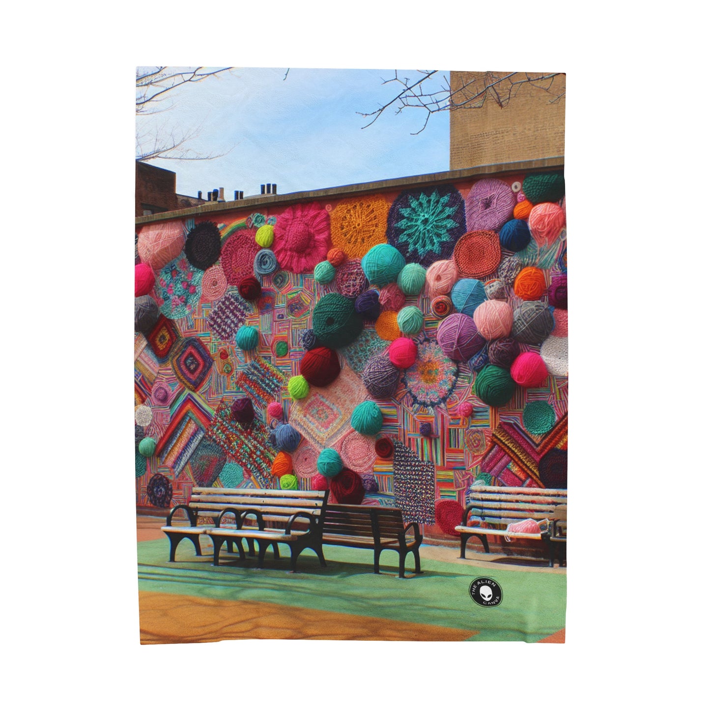 "Yarn of Joy: A Colorful Outdoor Mural" - The Alien Velveteen Plush Blanket Yarn Bombing (Fiber Art)