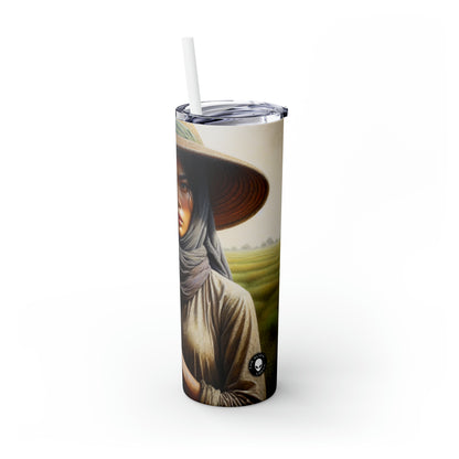 « Fermier dans les champs : un reflet patiné » - The Alien Maars® Skinny Tumbler avec paille 20oz Réalisme