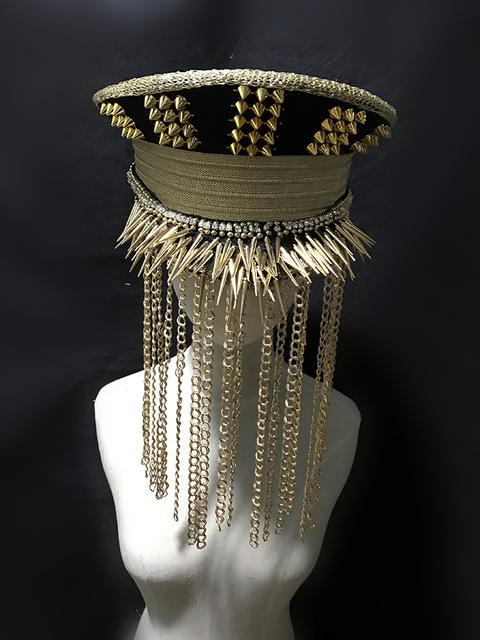 Handsome Punk Golden Rivets Metal Hat Fringe Decoration Punk Bar DJ Performance Singer