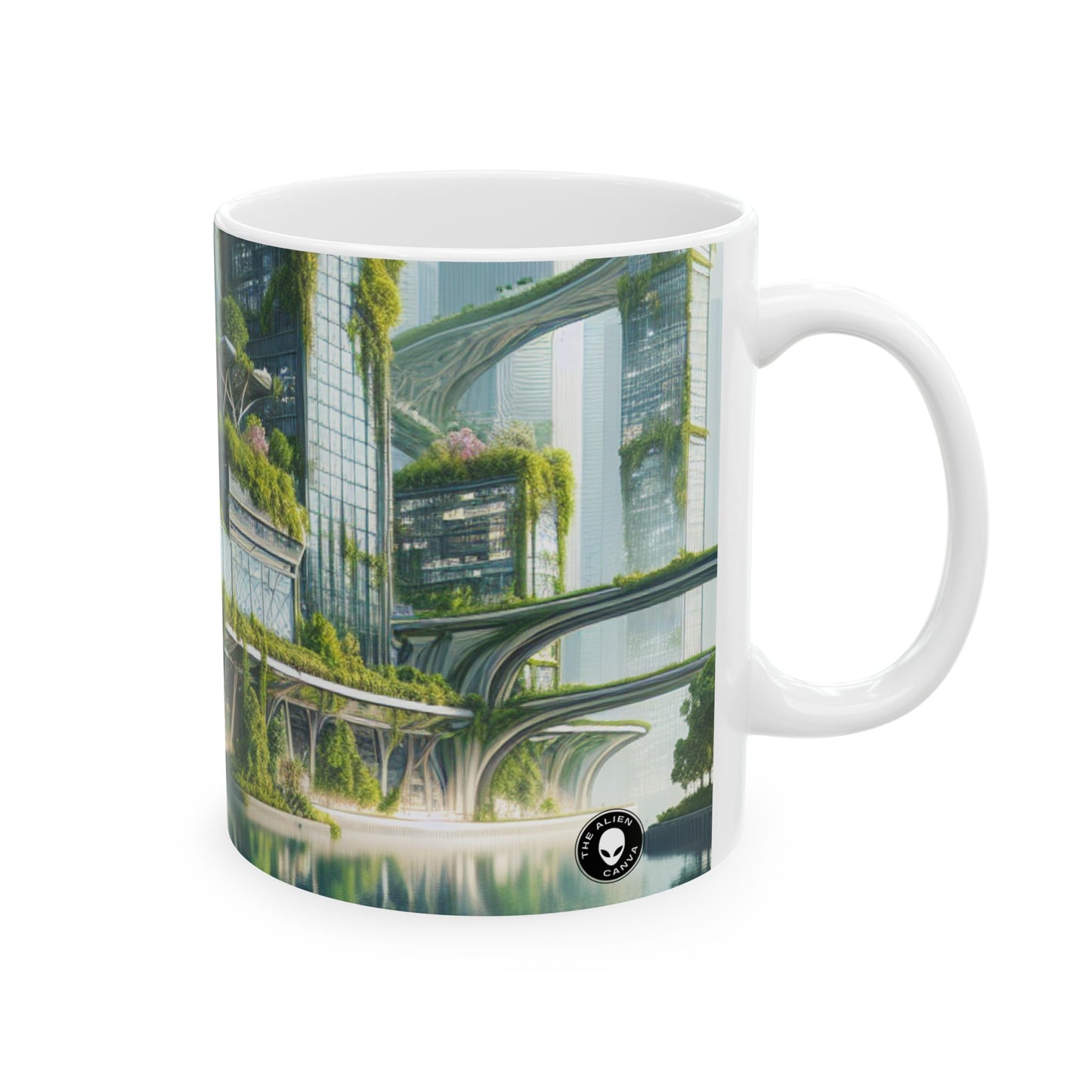 "La fusión de la naturaleza: un paisaje urbano futurista" - Taza de cerámica The Alien de 11 oz