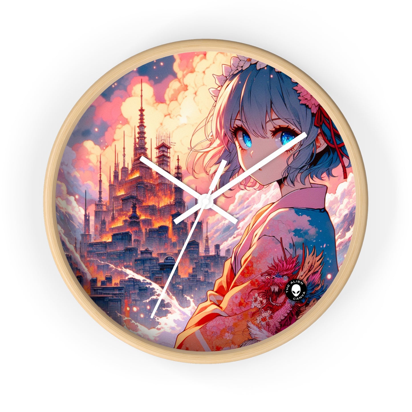 Título: "Swords ablaze: The Elemental Duel" - The Alien Wall Clock Manga/Anime Art