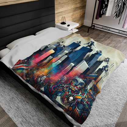 "Robotic Cityscape: A Futuristic Mural" - The Alien Velveteen Plush Blanket Street Art / Graffiti