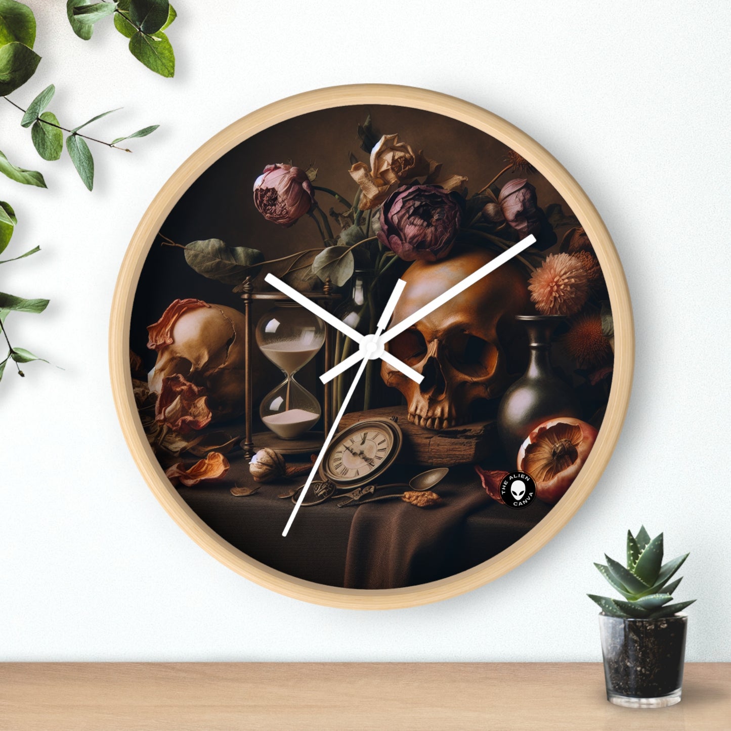 "Beauté éphémère : une peinture de Vanitas vibrante illustrant le passage du temps et la nature éphémère de la vie" - La peinture de Vanitas de l'horloge murale extraterrestre