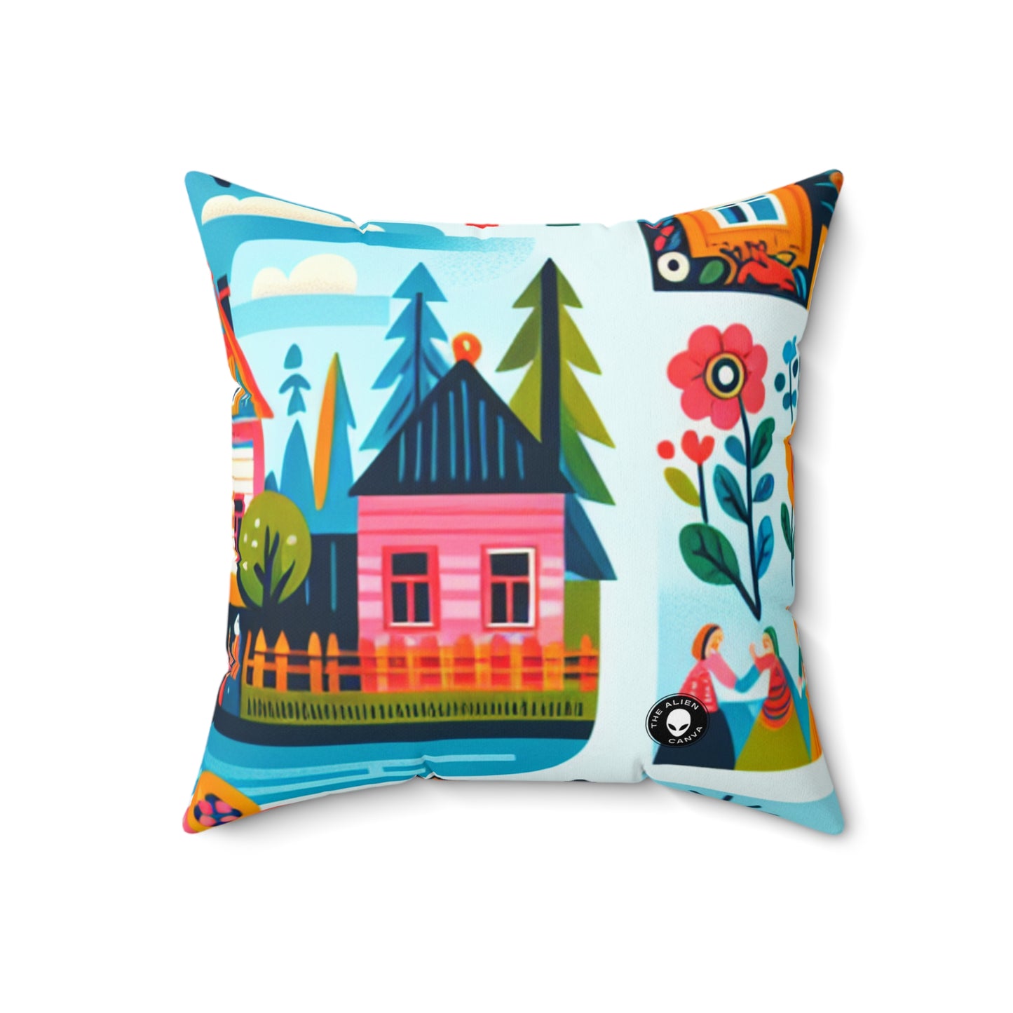 "Whimsical Village: A Folk Art Fairytale"- The Alien Spun Polyester Square Pillow Folk Art