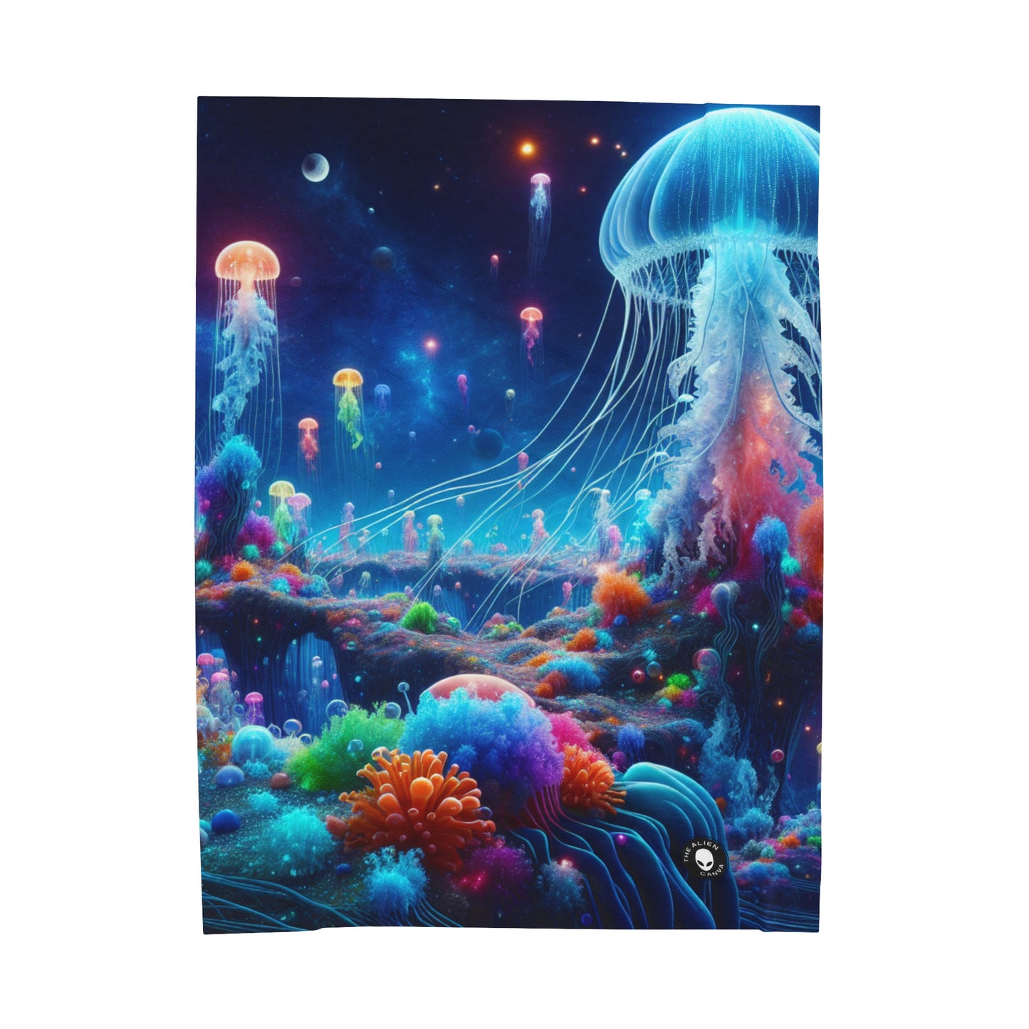 "Neon Jellyfish Fantasia : Une odyssée sous-marine surréaliste" - La couverture en peluche Alien Velveteen