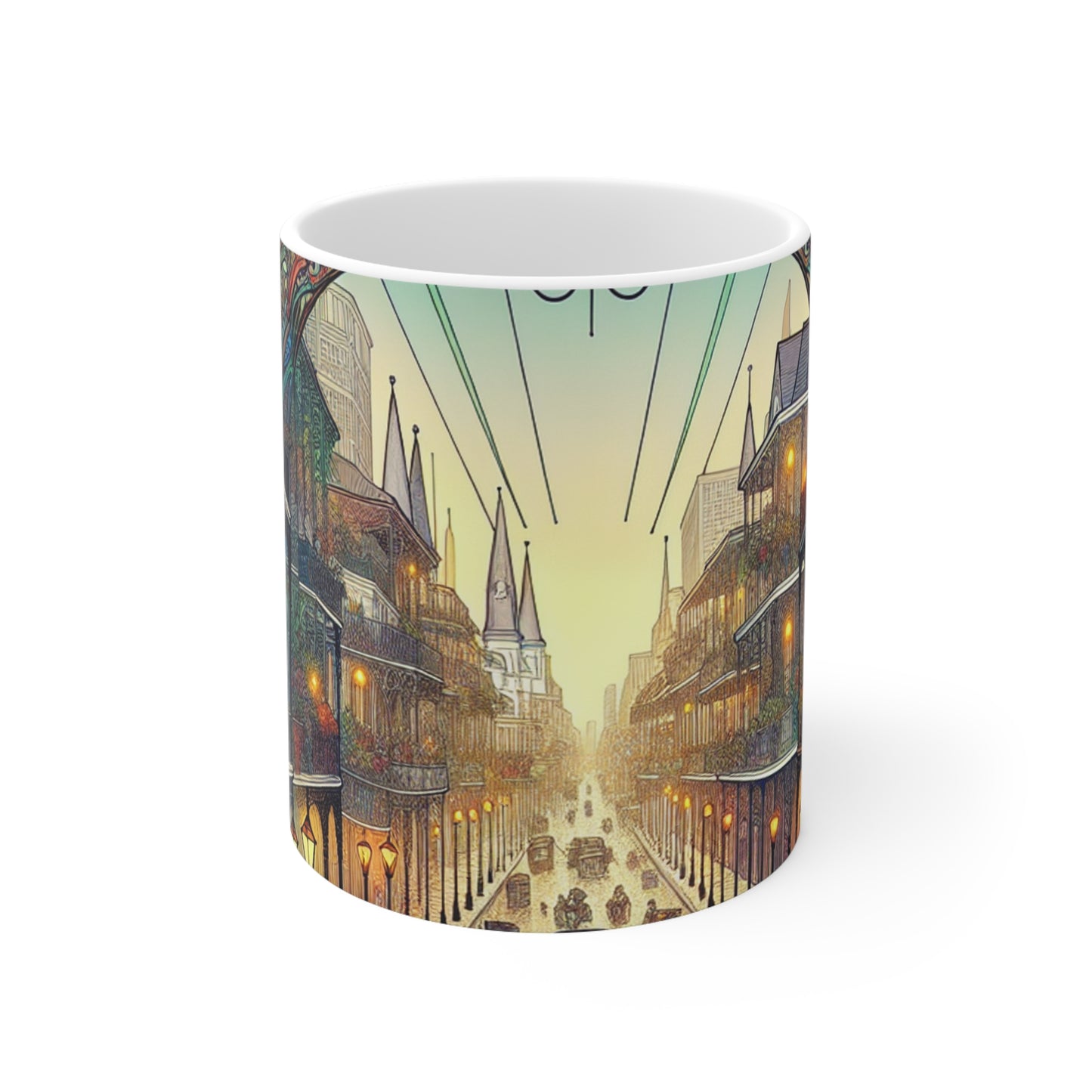 "Vivid Splendor: Una imagen del barrio francés de Nueva Orleans" - Taza de cerámica The Alien de 11 oz estilo Art Nouveau