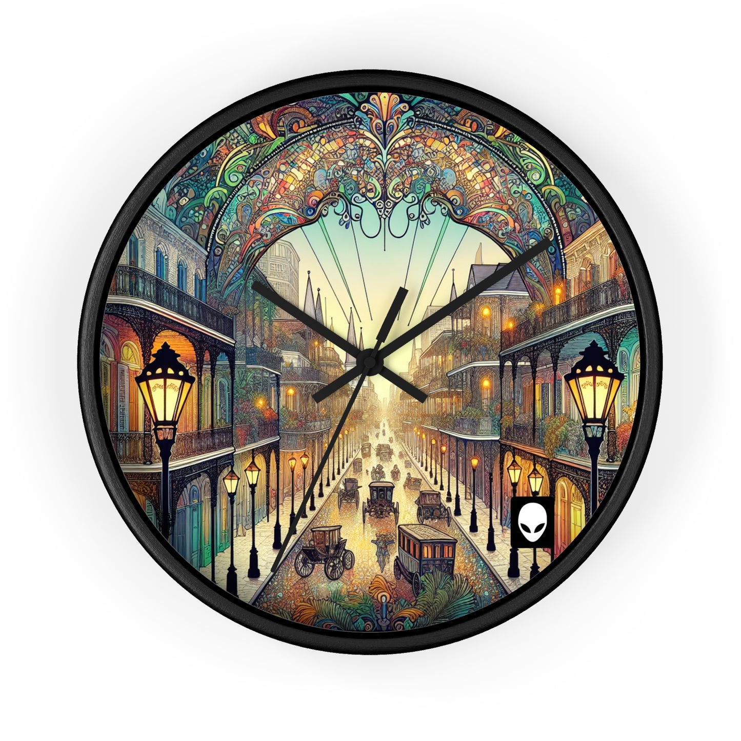 "Vivid Splendor: Une image du quartier français de la Nouvelle-Orléans" - L'horloge murale Alien de style Art Nouveau