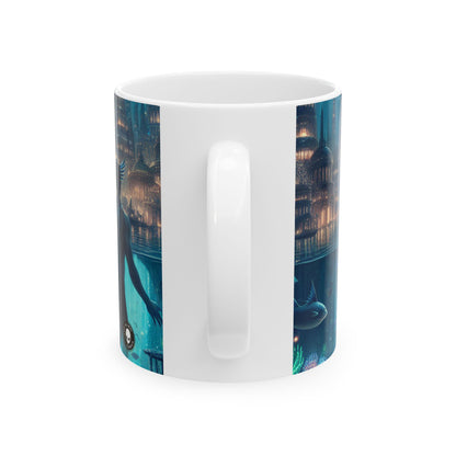 "Atlántida iluminada: una ciudad de criaturas marinas místicas" - Taza de cerámica alienígena de 11 oz