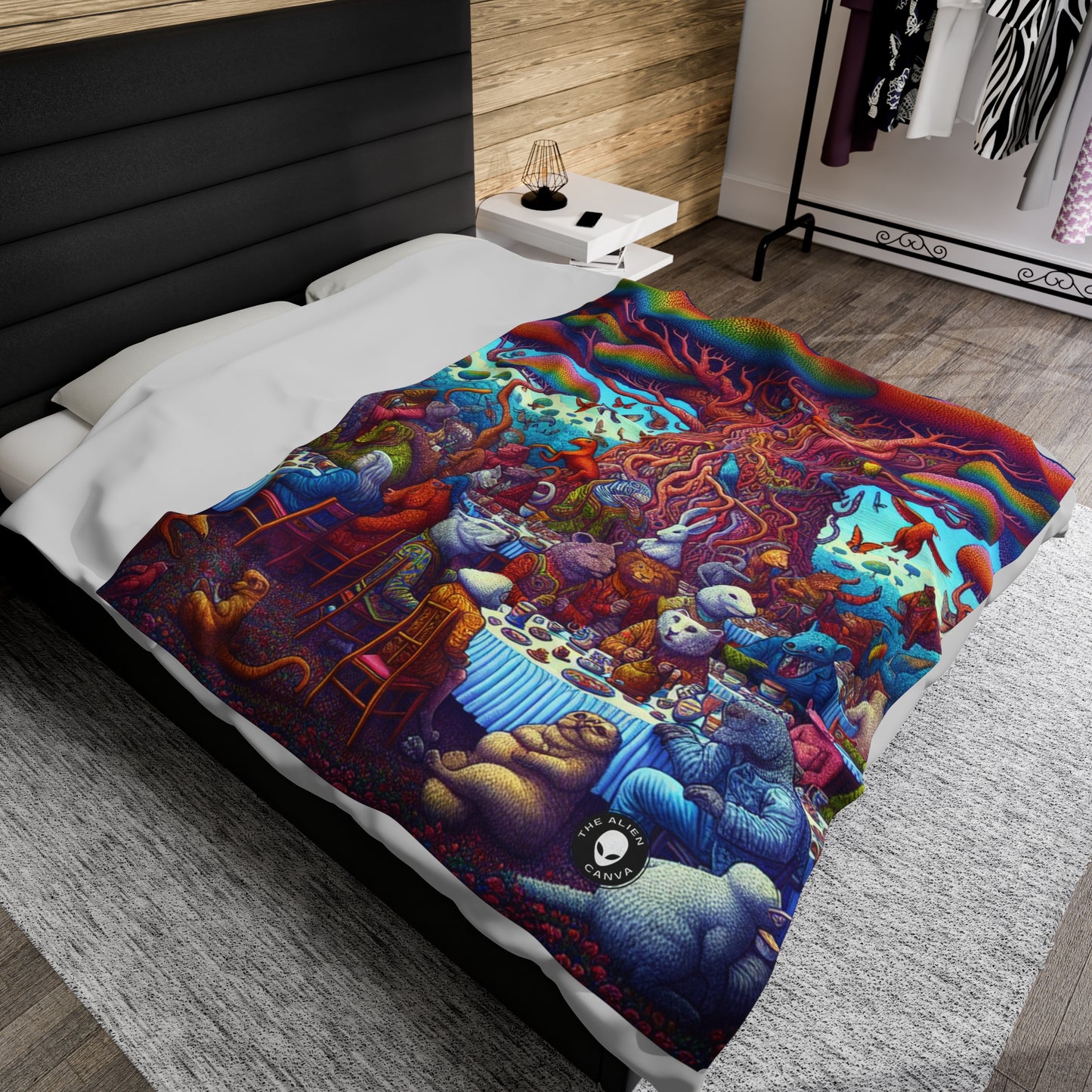 "Animal Tea Party in a Rainbow Wonderland" - The Alien Velveteen Plush Blanket