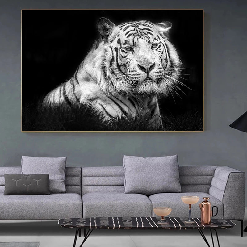 Pintura en lienzo de animales modernos, carteles en blanco y negro con cabeza de tigre