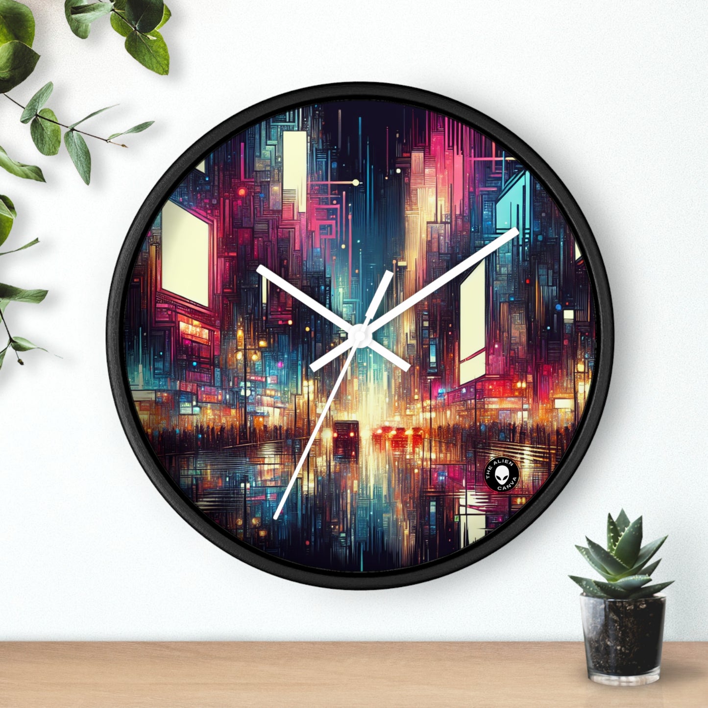 "Paisaje urbano al descubierto: una noche de neón" - El reloj de pared alienígena