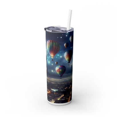 "Starry Night Voyage: Hot Air Balloons Over the City" - The Alien Maars® Skinny Tumbler with Straw 20oz